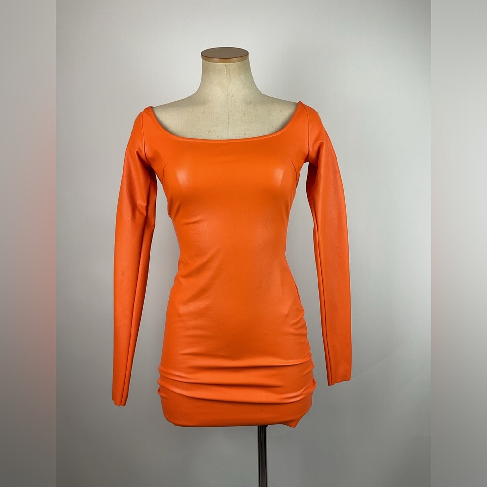 NAKED WARDROBE ORANGE FAUX LEATHER MINI DRESS